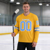 Custom Gold - Light Blue - White Triple Stripes Hockey Jersey – worn by a man