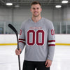 Custom Gray - Crimson - White Triple Stripes Hockey Jersey – worn by a man