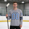 Custom Gray - Light Blue - Black Triple Stripes Hockey Jersey – worn by a man