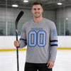 Custom Light Blue - Navy - Gray Triple Stripes Hockey Jersey – worn by a man