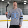 Custom Gray - Light Blue - Steel Gray Triple Stripes Hockey Jersey – worn by a man