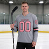Custom Gray - Medium Pink - Black Triple Stripes Hockey Jersey – worn by a man