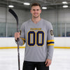 Custom Gray - Navy - Gold Triple Stripes Hockey Jersey – worn by a man