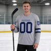 Custom Navy - Light Blue - Gray Triple Stripes Hockey Jersey – worn by a man