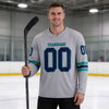 Custom Gray - Navy - Teal Triple Stripes Hockey Jersey – worn by a man