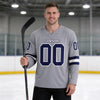Custom Gray - Navy - White Triple Stripes Hockey Jersey – worn by a man