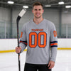 Custom Gray - Orange - Navy Triple Stripes Hockey Jersey – worn by a man