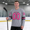 Custom Gray - Pink - Black Triple Stripes Hockey Jersey – worn by a man