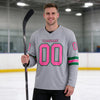 Custom Gray - Pink - Kelly Green Triple Stripes Hockey Jersey – worn by a man