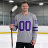 Custom Gray - Purple - Light Blue Triple Stripes Hockey Jersey – worn by a man