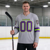 Custom Gray - Purple - Neon Green Triple Stripes Hockey Jersey – worn by a man