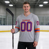 Custom Gray - Purple - Orange Triple Stripes Hockey Jersey – worn by a man