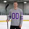 Custom Gray - Purple - White Triple Stripes Hockey Jersey – worn by a man