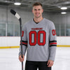 Custom Red - Black - Gray Triple Stripes Hockey Jersey – worn by a man