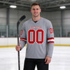 Custom Gray - Red - White Triple Stripes Hockey Jersey – worn by a man