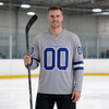 Custom Gray - Royal - White Triple Stripes Hockey Jersey – worn by a man