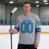 Custom Gray - Teal - Purple Triple Stripes Hockey Jersey – worn by a man