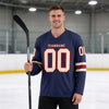 Custom Navy - Cream - Red Triple Stripes Hockey Jersey – worn by a man