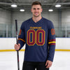 Custom Crimson - Navy - Gold Triple Stripes Hockey Jersey – worn by a man