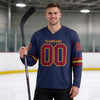 Custom Crimson - Navy - Old Gold Triple Stripes Hockey Jersey – worn by a man