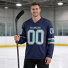 Custom Navy - Gray - Teal Triple Stripes Hockey Jersey – worn by a man