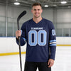 Custom Navy - Light Blue - White Triple Stripes Hockey Jersey – worn by a man