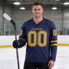 Custom Navy - Old Gold Triple Stripes Hockey Jersey – worn by a man