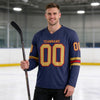 Custom Red - Navy - Old Gold Triple Stripes Hockey Jersey – worn by a man