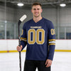 Custom Navy - Old Gold - White Triple Stripes Hockey Jersey – worn by a man