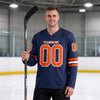 Custom Navy - Orange - White Triple Stripes Hockey Jersey – worn by a man