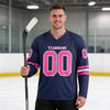 Custom Navy - Pink - White Triple Stripes Hockey Jersey – worn by a man