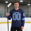 Custom Navy - Powder Blue - White Triple Stripes Hockey Jersey – worn by a man