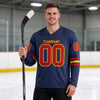 Custom Red - Navy - Gold Triple Stripes Hockey Jersey – worn by a man