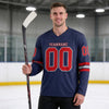Custom Navy - Red - Gray Triple Stripes Hockey Jersey – worn by a man