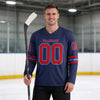 Custom Navy - Red - Powder Blue Triple Stripes Hockey Jersey – worn by a man