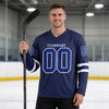 Custom Navy - Royal - White Triple Stripes Hockey Jersey – worn by a man