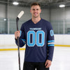 Custom Navy - Sky Blue - White Triple Stripes Hockey Jersey – worn by a man