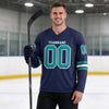 Custom Navy - Teal - White Triple Stripes Hockey Jersey – worn by a man