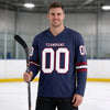 Custom Navy - White - Crimson Triple Stripes Hockey Jersey – worn by a man