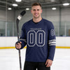Custom Navy - White - Gray Triple Stripes Hockey Jersey – worn by a man