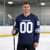 Custom Navy - White - Light Blue Triple Stripes Hockey Jersey – worn by a man