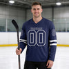 Custom Navy - White Triple Stripes Hockey Jersey – worn by a man