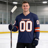 Custom Navy - White - Orange Triple Stripes Hockey Jersey – worn by a man