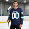 Custom Navy - White - Teal Triple Stripes Hockey Jersey – worn by a man