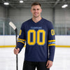 Custom Navy - Yellow - Light Blue Triple Stripes Hockey Jersey – worn by a man