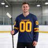 Custom Navy - Yellow - Orange Triple Stripes Hockey Jersey – worn by a man