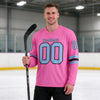 Custom Pink - Light Blue - Black Triple Stripes Hockey Jersey – worn by a man