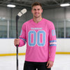 Custom Pink - Light Blue - White Triple Stripes Hockey Jersey – worn by a man