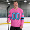 Custom Pink - Sky Blue - Black Triple Stripes Hockey Jersey – worn by a man