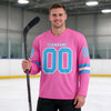Custom Pink - Sky Blue - White Triple Stripes Hockey Jersey – worn by a man